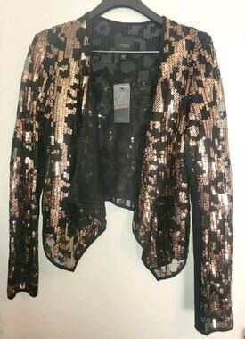 GUESS Womens M Open Front Gold Sequins Black Cardigan| Glam Maximalist Statement